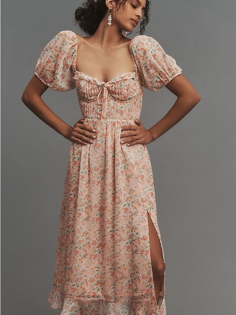 ASTR The Label Lunaria Pleated Floral Midi Dress Peach Colored Small